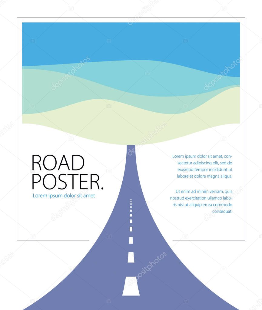 Country road curved highway vector perfect design illustration. The way to nature, hills and fields camping and travel theme. Can be used as a road banner or billboard with copy space for text.