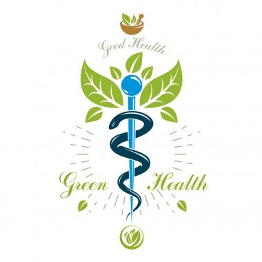 Eczane Caduceus ikonu, bütünsel tıpta, rehabilitasyonda veya farmakolojide kullanmak için vektör tıbbi logo. Havan ve tokmakla bestelenmiş Homeopati yaratıcı sembolü.