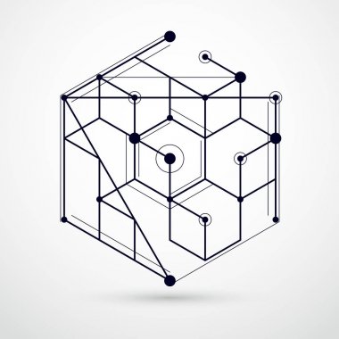Soyut vektör geometrik izometrik siyah ve beyaz arka plan. Mekanik düzeni, vektör çizim küp ve geometrik mekanizma parçaları ile mühendislik.