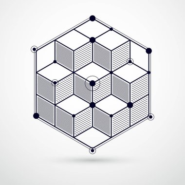 Küpler ve diğer elementlerle soyut geometrik vektör siyah beyaz arka plan. Küpler, altıgenler, kareler, dikdörtgenler ve soyut elementlerin bileşimi. Tasarımlarınız için mükemmel bir arkaplan
