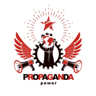 Vektör poster pazarlama ile hoparlörler oluşan ve mühendislik dişli tarafından çevrili toprak küre tutan Kol kaldırdı. Sosyal devrim kavramı, herhangi bir kısıtlama. Propaganda aracı olarak siyasi ajitasyon.