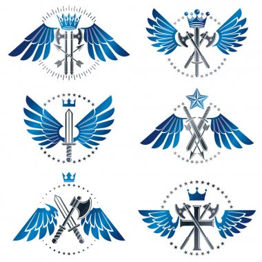 Vintage silah Amblemler ayarlayın. Hanedan arması dekoratif Amblemler koleksiyonu.