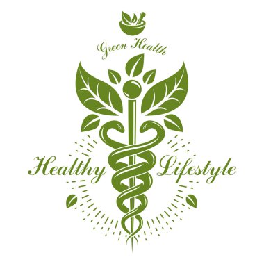 Eczane Caduceus ikonu, bütünsel tıpta, rehabilitasyonda veya farmakolojide kullanmak için vektör tıbbi logo. Havan ve tokmakla bestelenmiş Homeopati yaratıcı sembolü.