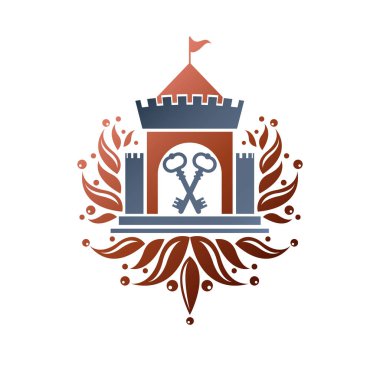 Ortaçağ Kalesi dekoratif vektör illüstrasyon izole. Eski stil izole beyaz zemin üzerine Antik kale logo.