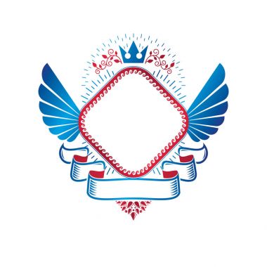 Grafik royal crown öğe, pentagonal yıldız ve lüks şerit ile oluşan amblemi kanatlı. Hanedan arması izole dekoratif logo vektör çizim.