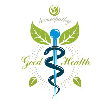 Caduceus vektör kavramsal amblemi yılanlar ve yeşil yaprakları ile yaratılmıştır. Sağlık ve uyum metafor. Alternatif Tıp kavramı, Fitoterapi logosu.