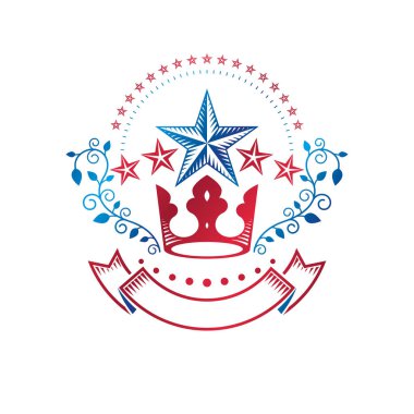 Eski Star amblemi Imperial crown ve çiçek süsleme ile dekore edilmiştir. Hanedan vektör tasarım öğesi, 5 yıldız sembolü Ödülü. Retro tarzı etiket, Hanedanlık armaları logosu.