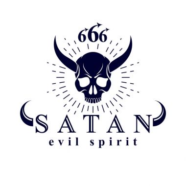 Vektör siyah ölü kafa logo korkutucu. Mistik Infernal maskot, boynuzlu şeytan 666 sayılarla yapılan..