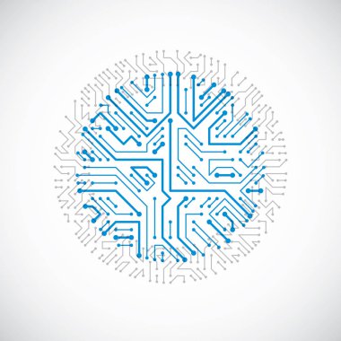 Vektör soyut renkli teknoloji çizim ile yuvarlak mavi devre kartı. Elektronik cihaz yüksek teknoloji dairesel dijital düzeni.