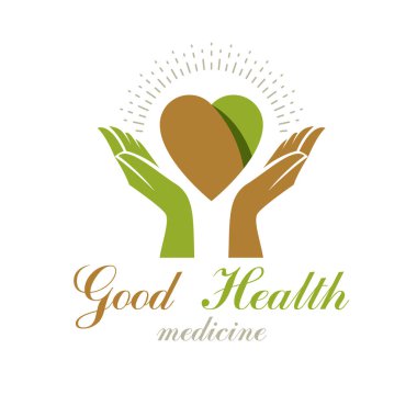 Vektör kalp şekli yeşil yaprakları ve bakım el ile oluşur. Hayır kuruluşları kullanmak için tıbbi rehabilitasyon soyut logosu.