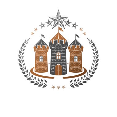 Antik Kale amblemi. Heraldic Coat of Arms dekoratif logosu izole edilmiş vektör çizimi. Beyaz arkaplanda eski tarzda dekore edilmiş logotip.