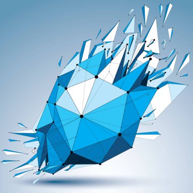 Vektör boyutlu wireframe mavi nesne ile noktalı çizgiler, küresel şekli kırıkları ve enkaz ile yıkıldı. kırık parçalar halinde 3d mesh teknolojisi öğesi.