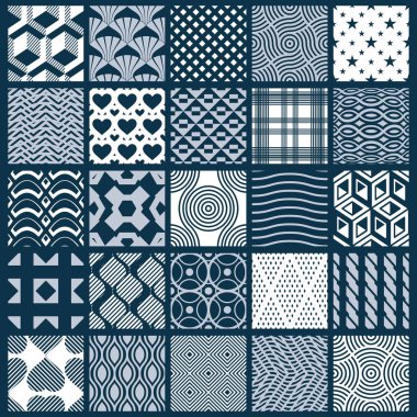 Vektör soyut sorunsuz kompozisyon, basit geometrik şekiller ile oluşturulmuş simetrik süslü arka planlar topluluğu. Siyah ve beyaz.