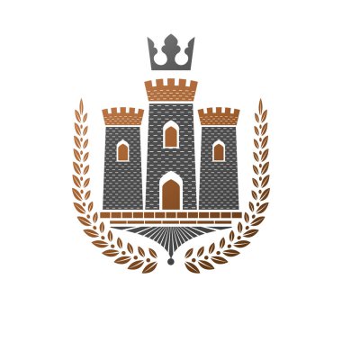 Antik kale amblemi. Hanedan arması dekoratif logo vektör illüstrasyon izole. Beyaz arka plan üzerinde eski tarzı Retro logo.