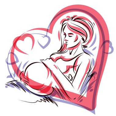 Hamile kadın zarif gövde anahat kalp şekli çerçeveli. Vektör çizim anne karnı fondles. Mutluluk ve okşa kavramı.