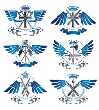 Vintage silah Amblemler ayarlayın. Hanedan arması dekoratif Amblemler koleksiyonu.