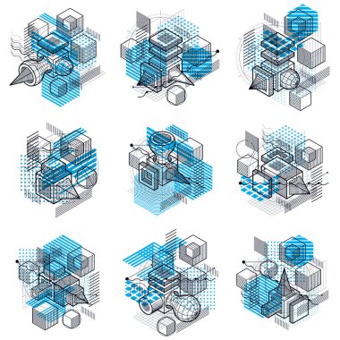 3D soyut vektör izometrik arka planlar. Küpleri, Altıgenler, kareler, dikdörtgenler ve farklı soyut öğeleri düzenler. Vektör toplama.