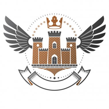 Eski Fort amblemi. Hanedan arması dekoratif logo vektör illüstrasyon izole. Beyaz arka plan üzerinde eski tarzda süslü logo.