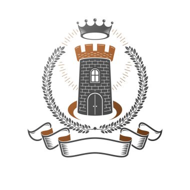 Antik kale amblemi. Hanedan arması, vintage vektör logosu. İzole beyaz zemin üzerine eski tarzda süslü logo.