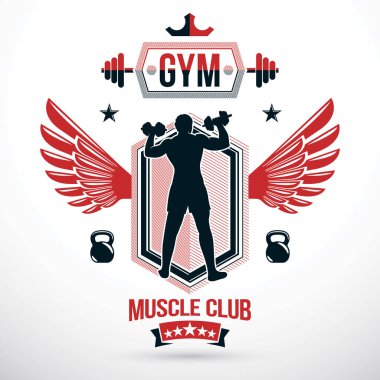 Kanatlı vektör simge kas atlet holding dumbell ve su ısıtıcısı çan spor ekipmanları kullanarak oluşur. Güç kaldırma rekabet amblemi 