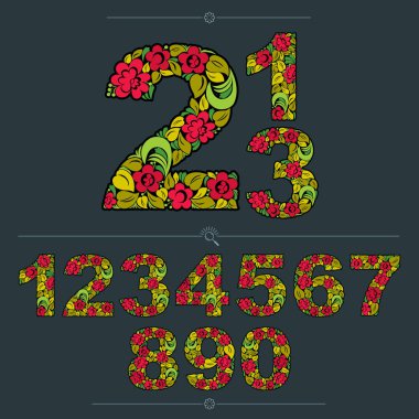 Güzel sayı kümesi ile bitkisel sonbahar süsleme süslü. Çiçek tarzında yapılmış renkli vektör numaralama.