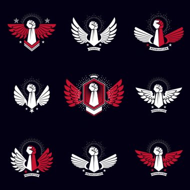 Atletik insan yumruğu, kartal kanatları, beşgen yıldızlar ve farklı grafik elementlerle oluşturulmuş vektör sembolleri. En iyi savaşçı vektör amblemi, şampiyon konsepti..