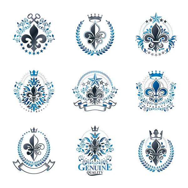 Lily çiçekler Royal sembolleri Amblemler ayarlayın. Hanedan arması dekoratif logoları vektör çizimler toplama izole.