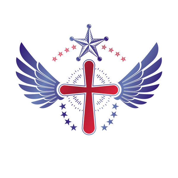 Cross of Christianity graphic winged emblem, the faith is free. Heraldic vector design element. Retro style label, religious insignia decorated with bird wings and pentagonal star.