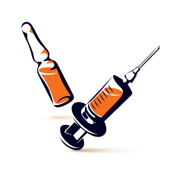 医療注射と薬でアンプルのプラスチック使い捨て注射器のベクトル グラフィック イラスト ウイルス対策予防接種の概念 — ストックベクタ