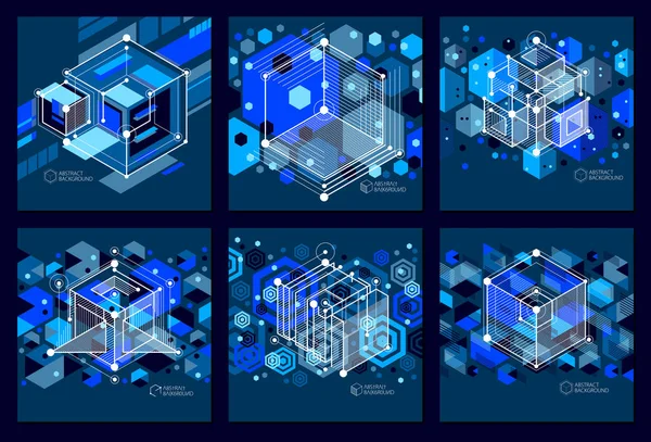 Izometrické Abstraktní Tmavě Modré Pozadí Set Lineární Dimenzionální Kostky Tvary — Stockový vektor