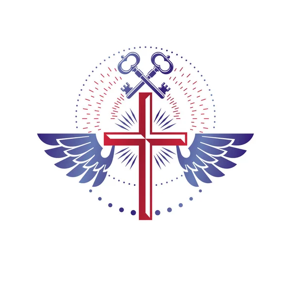 Christian Cross Decoratieve Embleem Samengesteld Met Beveiligingssleutels Gevleugelde Heraldische Vector — Stockvector