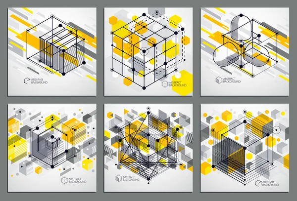 Isometric Abstract Yellow Backgrounds Set Linear Dimensional Cube Shapes Vector — Stock Vector