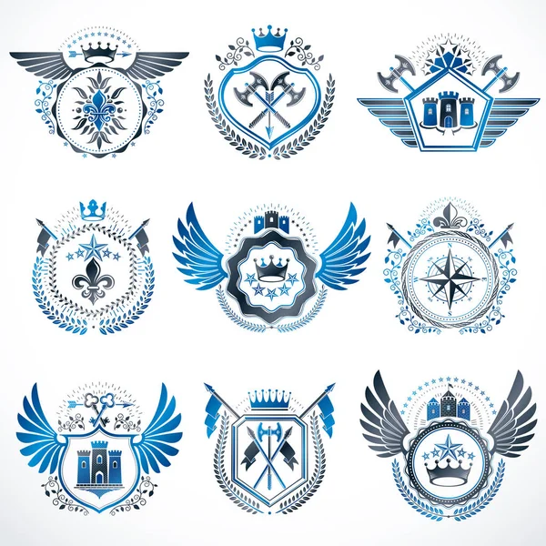 Hanedan dekoratif Amblemler Kraliyet kron, hayvan resimler, dini haçlar, Tophane ve Ortaçağ kaleleri ile yaptı. Vintage tarzı sembollerde topluluğu.