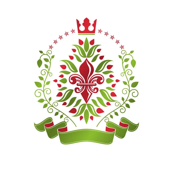 Lily Flower Royal Emblem Wappen Isolierte Vektorillustration Mit Dekorativem Band — Stockvektor