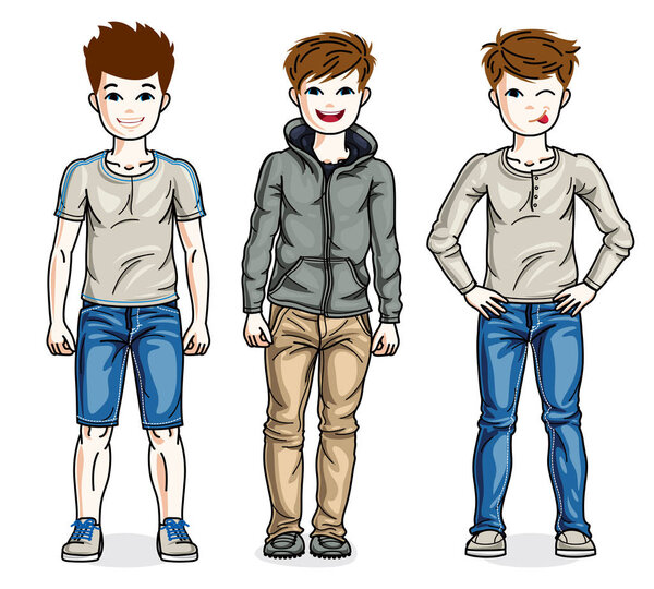 Happy young teenager boys posing wearing fashionable casual clothes. Vector set of beautiful kids illustrations. Childhood and family lifestyle cartoons.