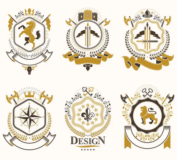 矢量老式纹章纹章纹章设计的奖项风格 中世纪的塔楼 兵工厂 星星和其他平面设计元素 — 图库矢量图片