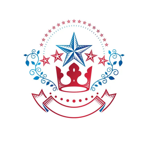 Eski Star amblemi Imperial crown ve çiçek süsleme ile dekore edilmiştir. Hanedan vektör tasarım öğesi, 5 yıldız sembolü Ödülü. Retro tarzı etiket, Hanedanlık armaları logosu.