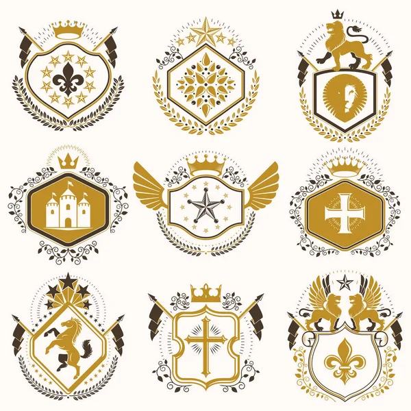 Set Vector Retro Vintage Insignias Created Design Elements Medieval Castles — Stock Vector