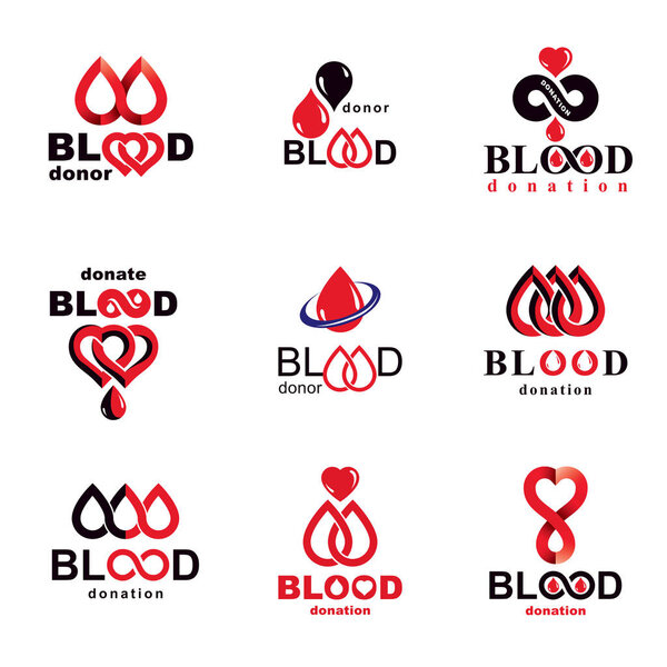 Set of vector blood donation conceptual illustrations. Hematology theme, medical treatment designs for use in pharmacy.