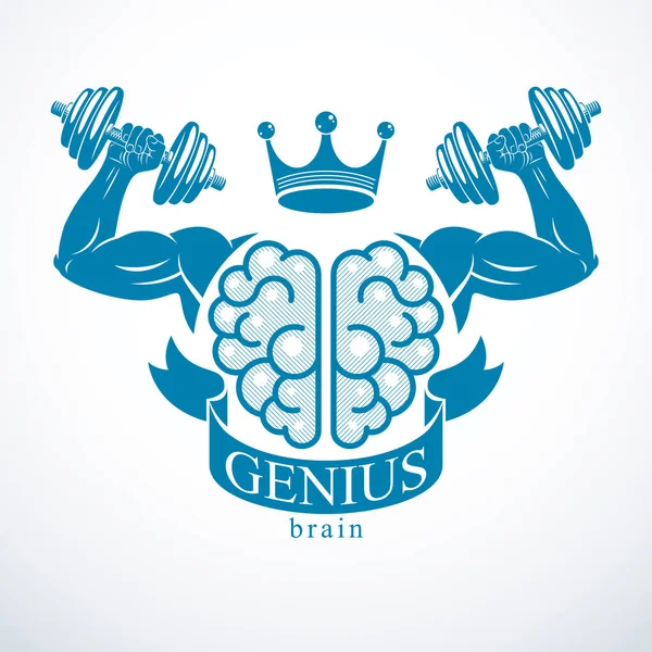 Brain Strong Bicep Hands Bodybuilder Power Brain Emblem Genius Concept — Stock Vector
