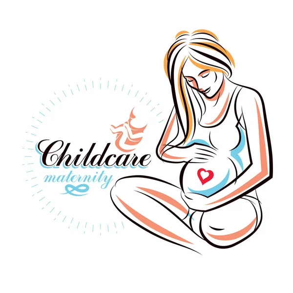 Pregnant Female Beautiful Body Outline Mother Drawn Vector Illustration Maternity — Stock Vector