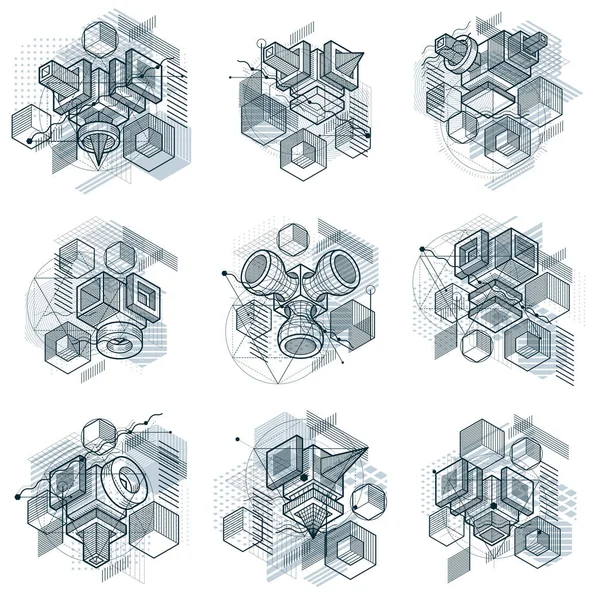 Абстрактні Конструкції Лінійними Фігурами Фігурами Векторні Ізометричні Фони Кубики Гексагони — стоковий вектор