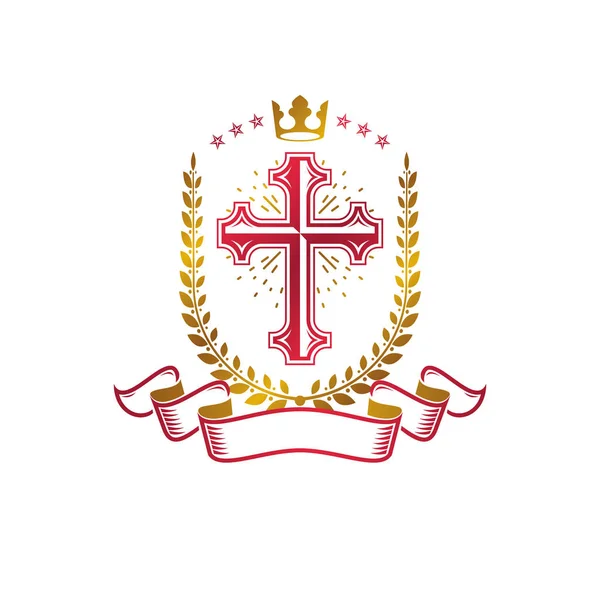 Cruz Cristiana Emblema Oro Creado Con Corona Real Corona Laurel — Vector de stock