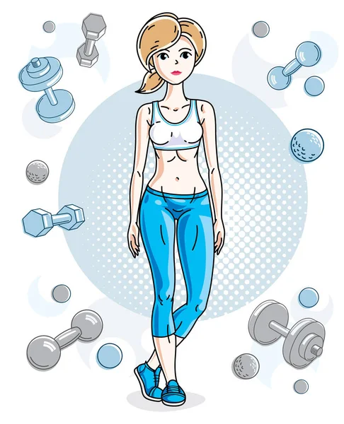 Young Beautiful Blonde Slim Woman Adult Standing Simple Background Dumbbells — Stock Vector