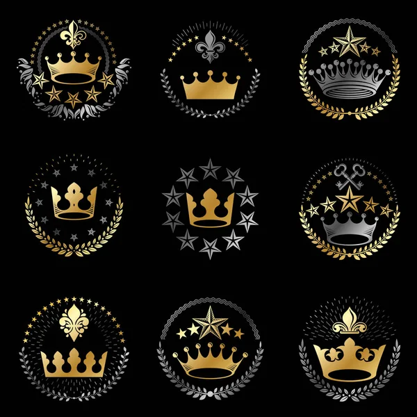 Conjunto Emblemas Coronas Imperiales Escudo Armas Heráldico Colección Logos Vectores — Vector de stock