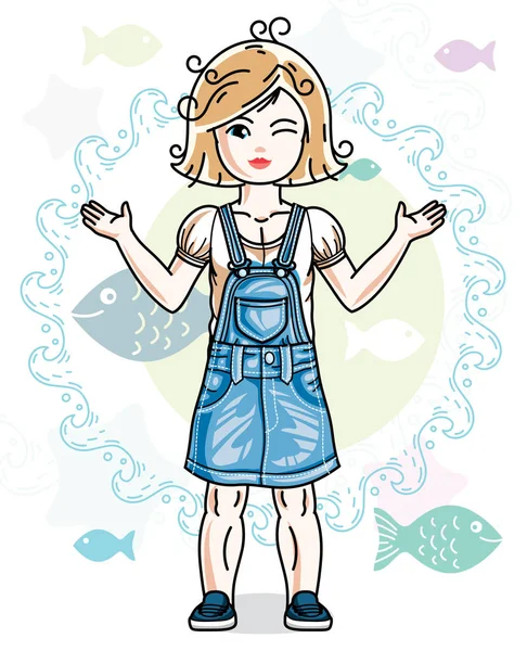 海と魚と海洋を背景に立っている私服で金髪少女かわいい子幼児 かなり人間図のベクトル — ストックベクタ