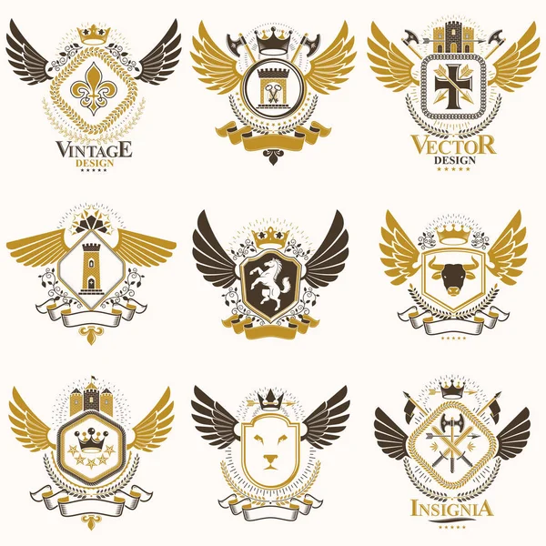 Beyaz üzerine izole edilmiş ve klasik tasarım elementleri, kral tacı, beşgen yıldızlar, cephanelik, vahşi hayvanlar kullanılarak yaratılmış vektör hanedan arması arması..