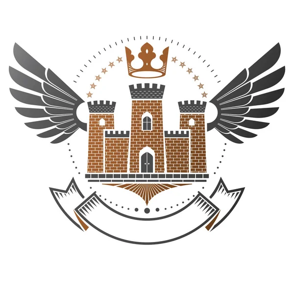 Eski Fort amblemi. Hanedan arması dekoratif logo vektör illüstrasyon izole. Beyaz arka plan üzerinde eski tarzda süslü logo.