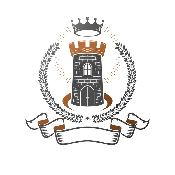 古代の要塞のエンブレム 紋章紋章付き外衣 ビンテージ ベクトルのロゴ 分離の白い背景の上の古いスタイルの華やかなロゴタイプ — ストックベクタ