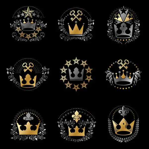 Эмблемы Королевских Корон Коллекция Геральдических Векторных Элементов Дизайна Лейбл Стиле — стоковый вектор